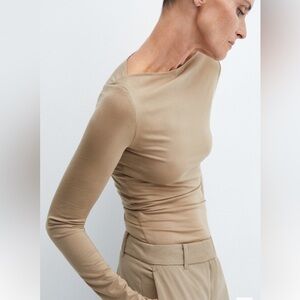Mango Beige Boat Neck Lyocell Long Sleeve Tee Layering Minimal, M